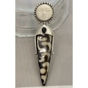 Vintage SAJEN Sterling Carved MoonFace/BlackOnyx 4.75” PIN/PENDANT